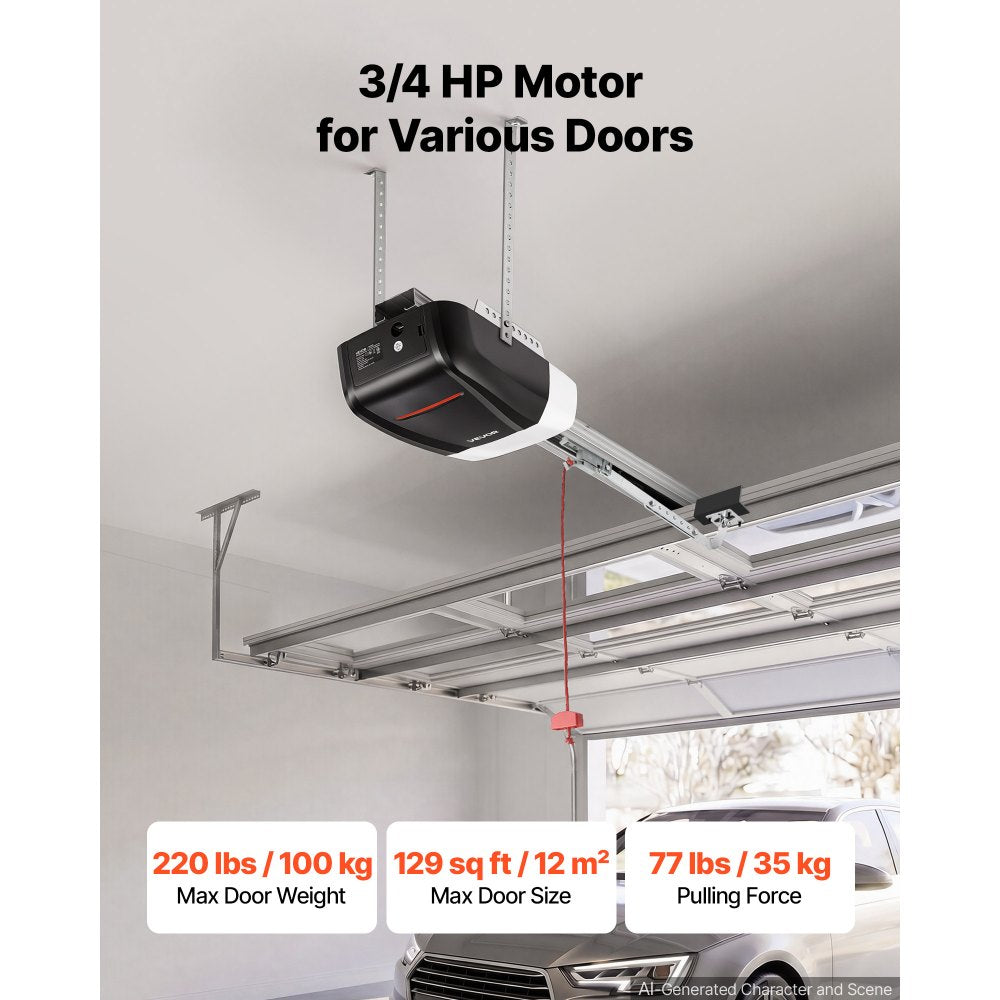 VEVOR Garage Door Opener 3/4 HP Heavy Duty Chain Drive WiFi Smart Opener, for Residential Garage, Includes Durable Rail, 3 Remotes, Smartphone App Control, Obstacle Sensor & LED Light, Black & White
