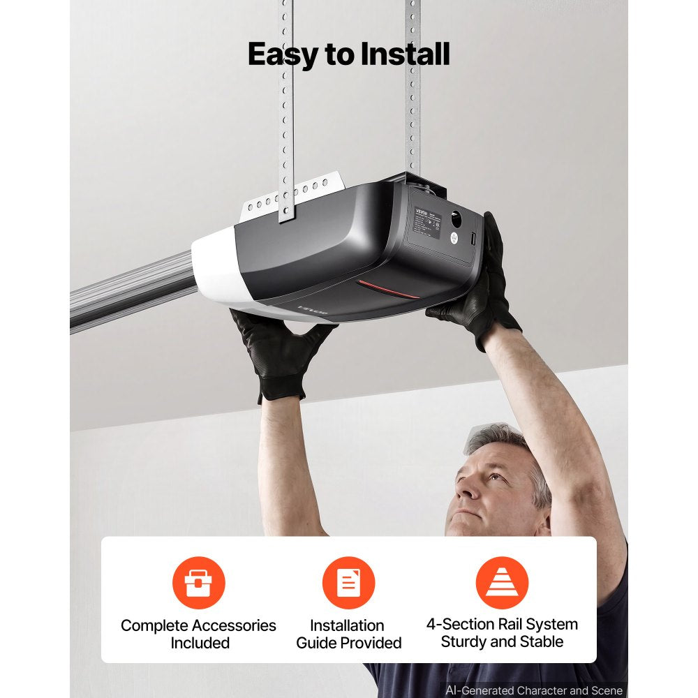 VEVOR Garage Door Opener 3/4 HP Heavy Duty Chain Drive WiFi Smart Opener, for Residential Garage, Includes Durable Rail, 3 Remotes, Smartphone App Control, Obstacle Sensor & LED Light, Black & White