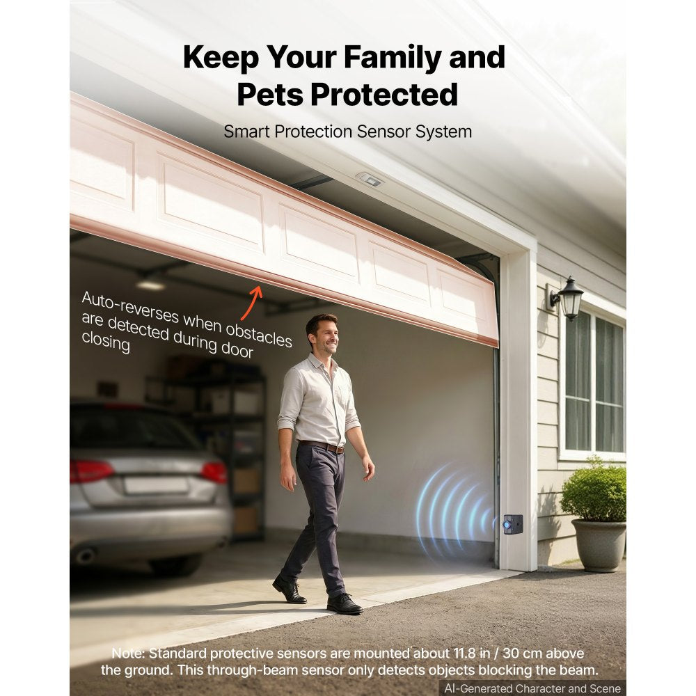 VEVOR Garage Door Opener 3/4 HP Ultra-Quiet Belt Drive WiFi Smart Opener, for Residential Garage, Includes Durable Rail, 3 Remotes, Smartphone App Control, Obstacle Sensor & LED Light, Black & White