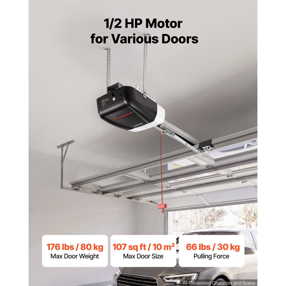 VEVOR Garage Door Opener 1/2 HP Ultra-Quiet Belt Drive WiFi Smart Opener, for Residential Garage, Includes Durable Rail, 3 Remotes, Smartphone App Control, Obstacle Sensor & LED Light, Black & White