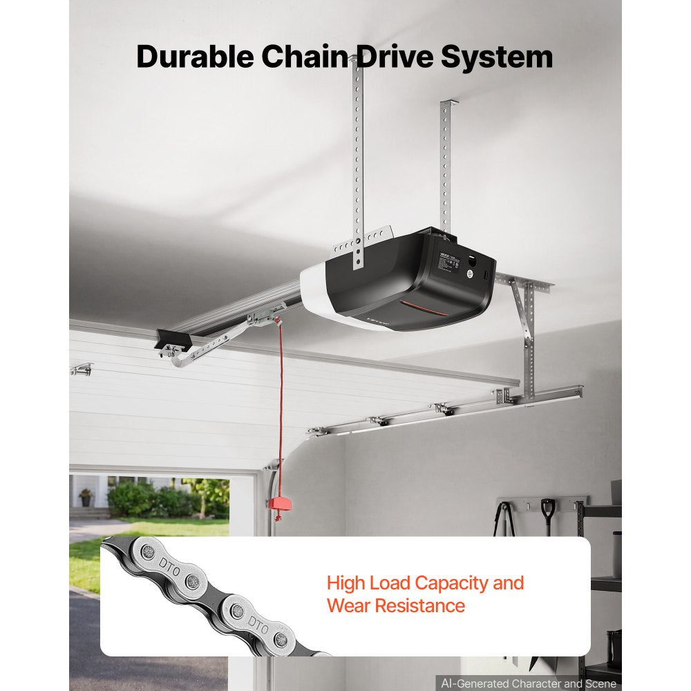 VEVOR Garage Door Opener 1/2 HP Heavy Duty Chain Drive WiFi Smart Opener, for Residential Garage, Includes Durable Rail, 3 Remotes, Smartphone App Control, Obstacle Sensor & LED Light, Black & White
