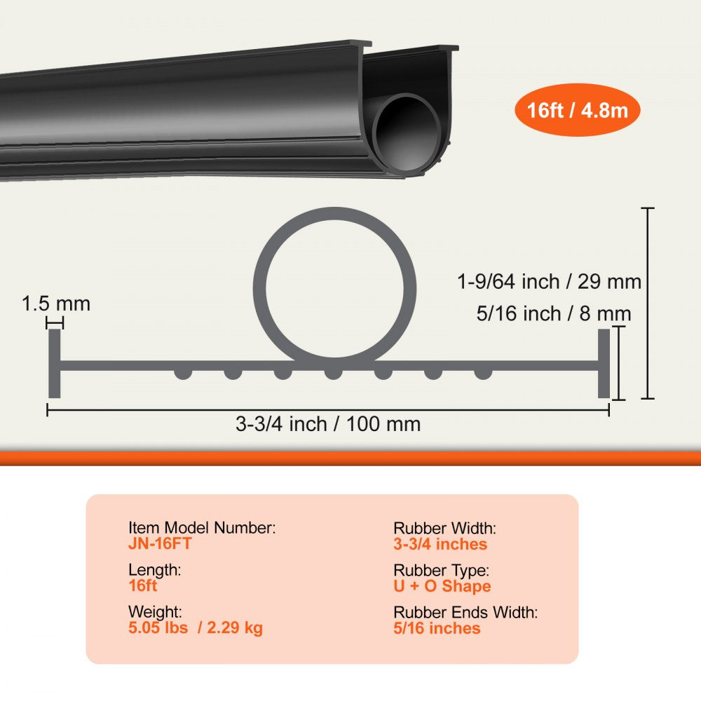 VEVOR Garage Door Seals Bottom Rubber, U Shape +O Ring Garage Door Weather Stripping, Universal Weatherproof Threshold Buffering Sealing Rubber , 5/16 inch T-ends and 3 3/4 inch Width (16 Ft, Black)