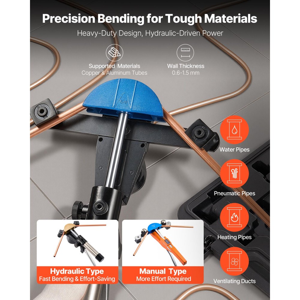 VEVOR Hydraulic Tubing Bender Kit, 1/4 to 7/8 Inch, Copper Tube Pipe Bender, HVAC Bending Tool Set, 90° Bend, with 7 Color Aluminium Alloy Dies, for HVAC Air Conditioning Refrigeration Auto Repair