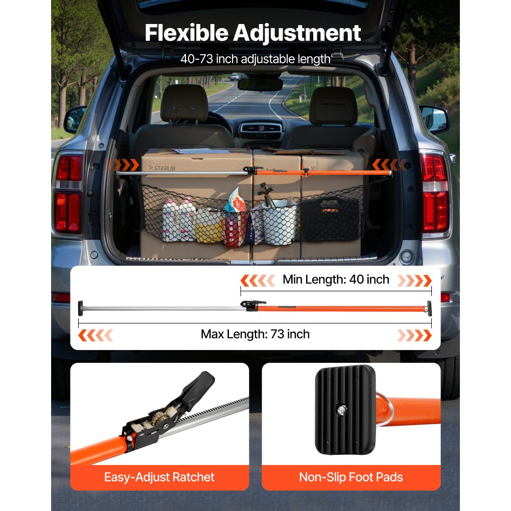 VEVOR Cargo Bar, Cargo Bars Adjustable from 40" to 73", Heavy-duty Steel Cargos Stabilizer with Storage Net & Divider Bar, Telescoping Load Lock Bars for SUVs, Sedans