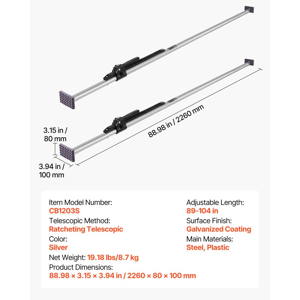 VEVOR Cargo Bar, Cargo Bar Adjustable from 89" to 104", Heavy-duty Steel Cargos Stabilizer with Non-Slip Foot Pads, Truck Bed Load Lock Bars for Box Trucks, Semi-Trailers, Trailers (2PCS)