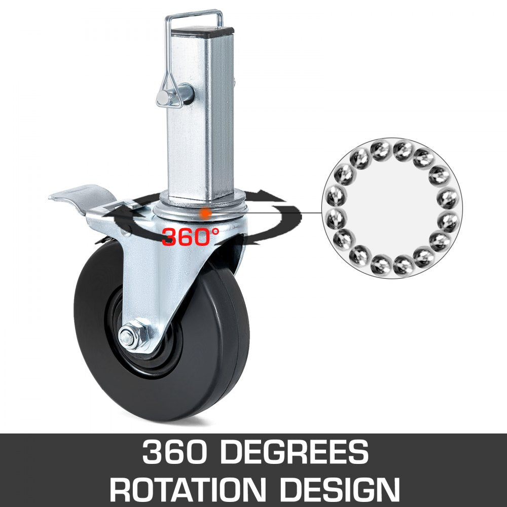 VEVOR 4 Pack 5Inch Scaffolding Rubber Swivel Caster Wheels with Dual Locking Heavy Duty Casters 1.26 Inch Square Stem 440LBS Capacity per Wheel