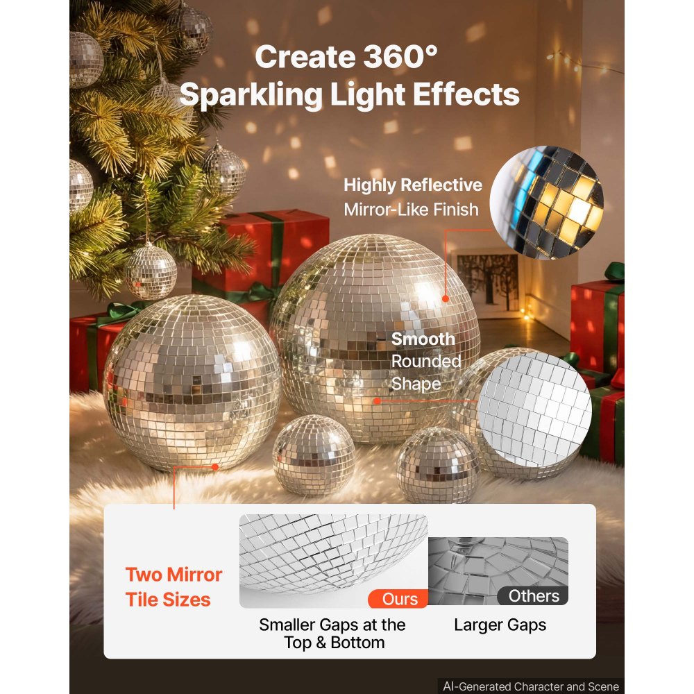 VEVOR Mirror Disco Ball 3.2" 4" 6" 8" 12" 17-Pack Balls with Hanging Ring, for Party Home Decoration Stage Props DJ Dance Club, 2 Mirror Tile Sizes, Reflects Light, Wedding Birthday Decor, Silver
