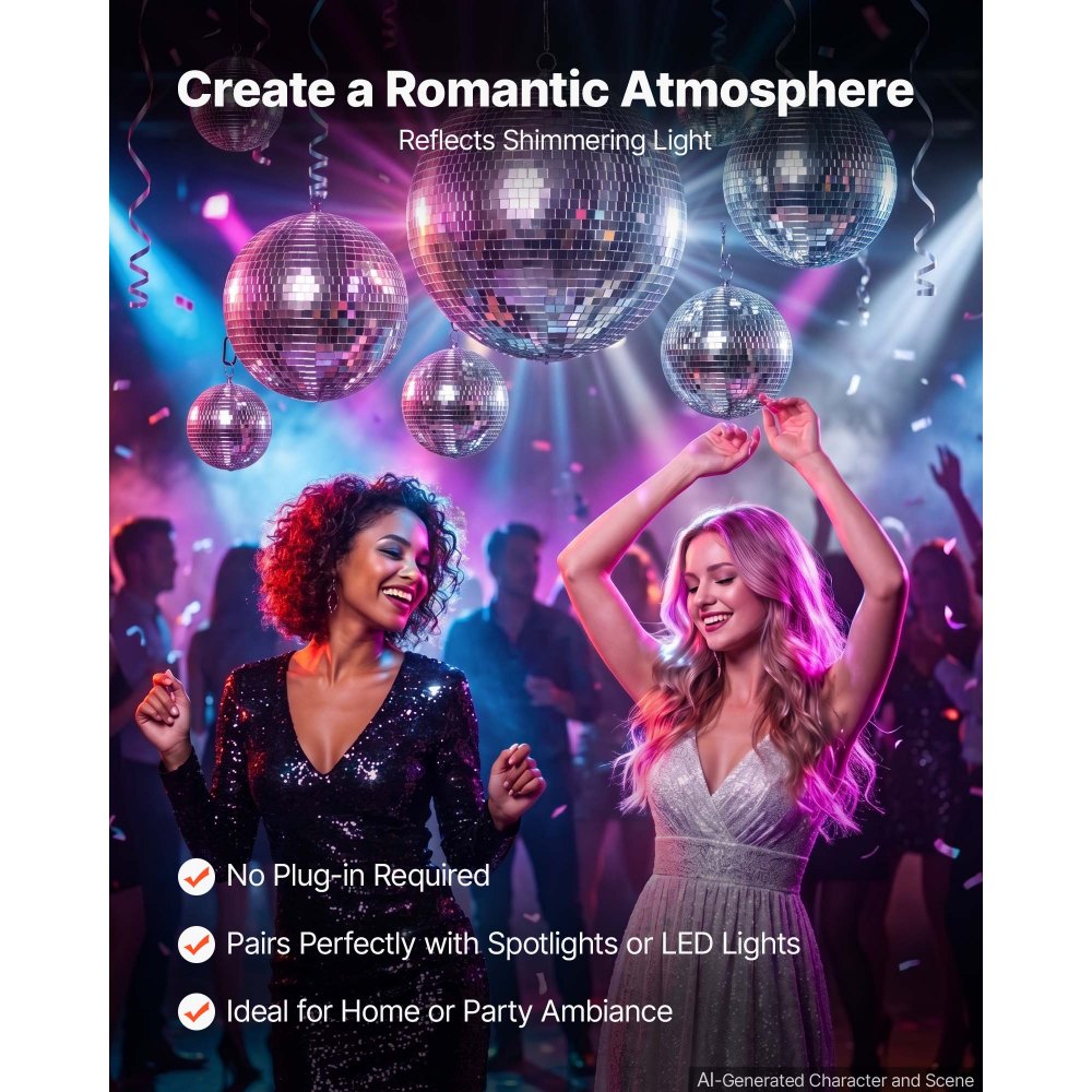 VEVOR Mirror Disco Ball 3.2" 4" 6" 8" 12" 17-Pack Balls with Hanging Ring, for Party Home Decoration Stage Props DJ Dance Club, 2 Mirror Tile Sizes, Reflects Light, Wedding Birthday Decor, Silver
