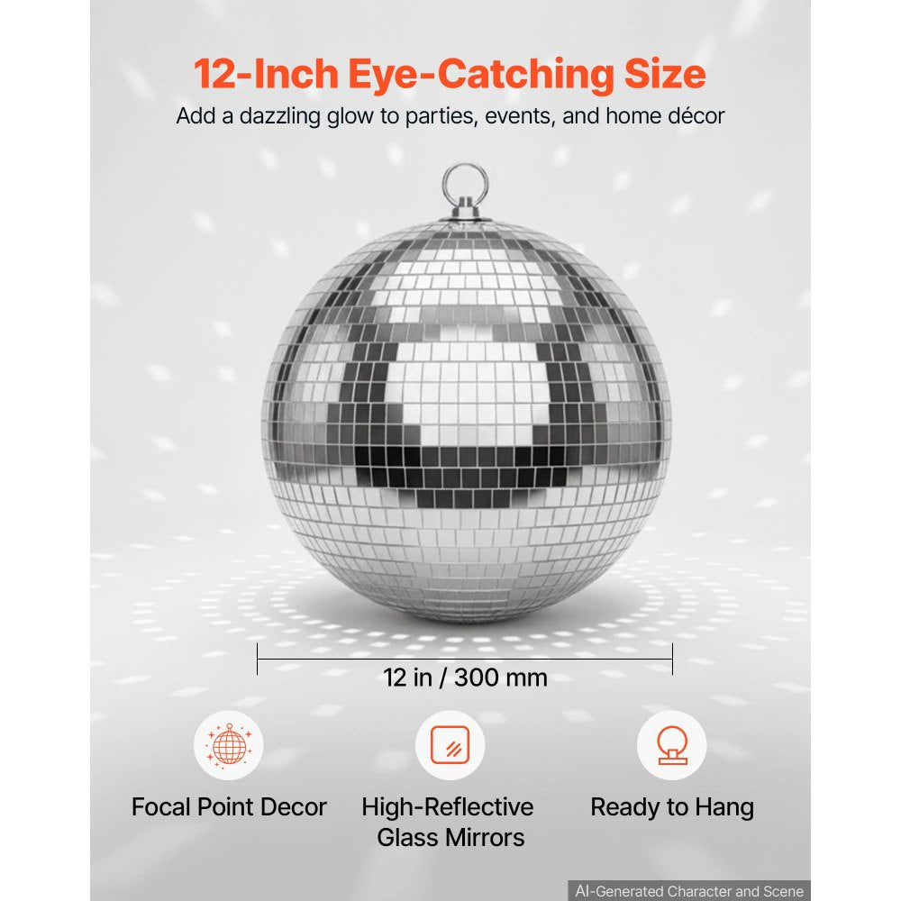 VEVOR Mirror Disco Ball 12 Inch Silver Reflective Ball with Hanging Ring, for Party Home Decoration Stage Props DJ Dance Club, 2 Mirror Tile Sizes, Reflects Light, Large Wedding Music Birthday Decor