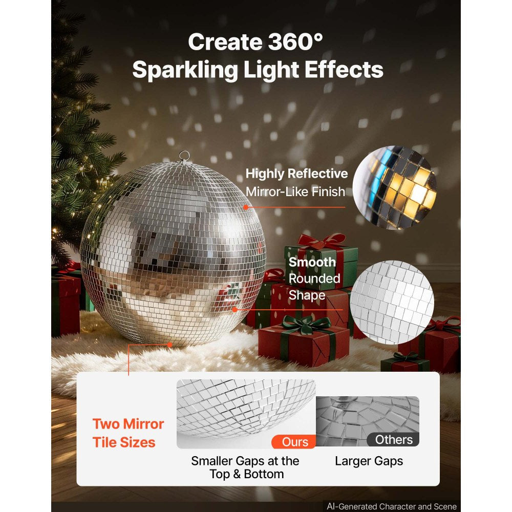 VEVOR Mirror Disco Ball 20 Inch Silver Reflective Ball with Hanging Ring, for Party Home Decoration Stage Props DJ Dance Club, 2 Mirror Tile Sizes, Reflects Light, Large Wedding Music Birthday Decor