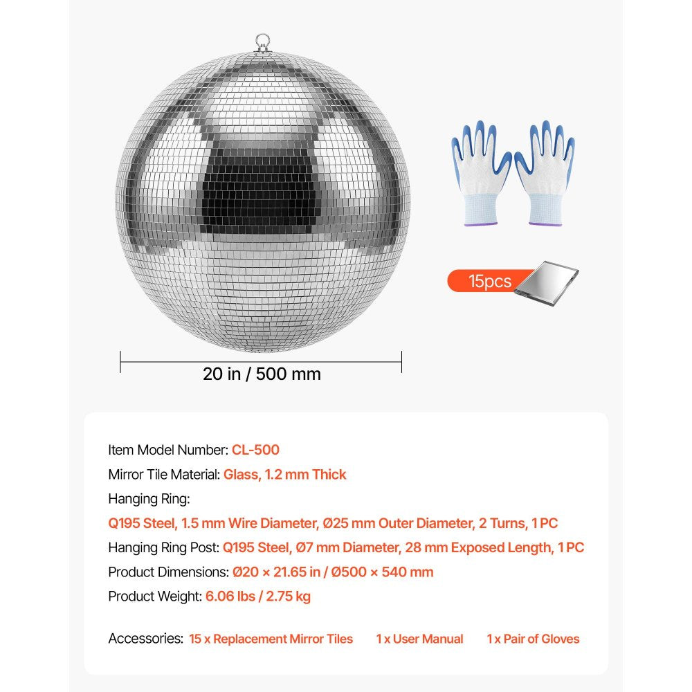 VEVOR Mirror Disco Ball 20 Inch Silver Reflective Ball with Hanging Ring, for Party Home Decoration Stage Props DJ Dance Club, 2 Mirror Tile Sizes, Reflects Light, Large Wedding Music Birthday Decor