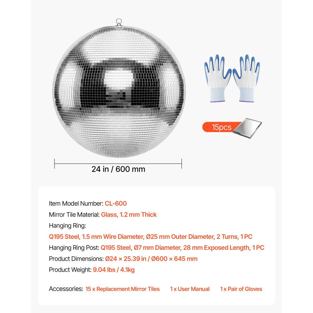 VEVOR Mirror Disco Ball 24 Inch Silver Reflective Ball with Hanging Ring, for Party Home Decoration Stage Props DJ Dance Club, 2 Mirror Tile Sizes, Reflects Light, Large Wedding Music Birthday Decor