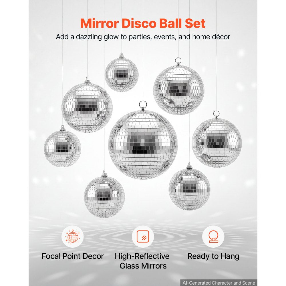 VEVOR Mirror Disco Ball 4" 6" 8" 8-Pack Silver Balls with Hanging Ring, for Party Home Decoration Stage Props DJ Dance Club, 2 Mirror Tile Sizes, Reflects Light, Large Wedding Music Birthday Decor