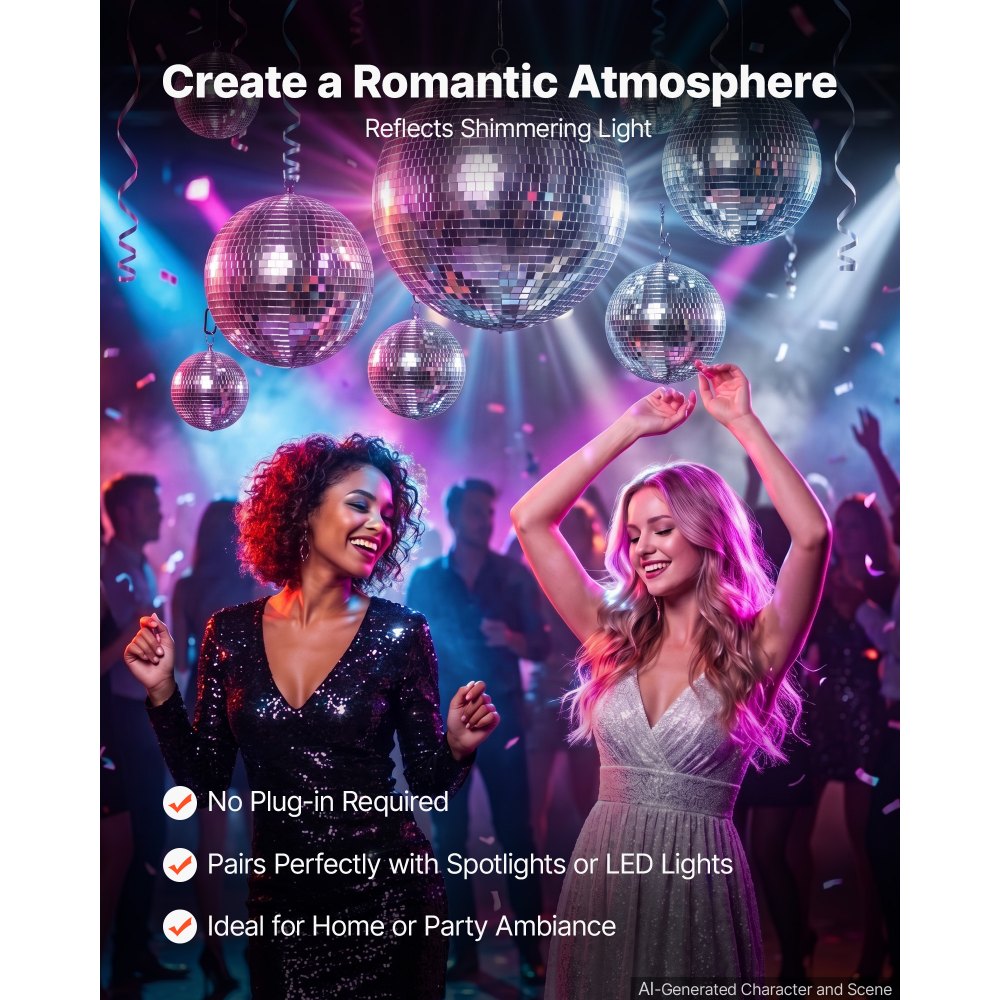 VEVOR Mirror Disco Ball 4" 6" 8" 8-Pack Silver Balls with Hanging Ring, for Party Home Decoration Stage Props DJ Dance Club, 2 Mirror Tile Sizes, Reflects Light, Large Wedding Music Birthday Decor