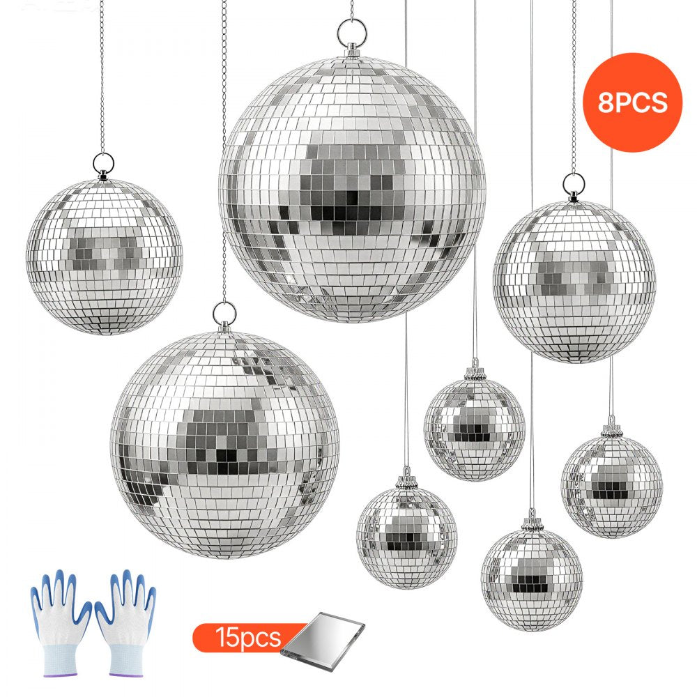 VEVOR Mirror Disco Ball 4" 6" 8" 8-Pack Silver Balls with Hanging Ring, for Party Home Decoration Stage Props DJ Dance Club, 2 Mirror Tile Sizes, Reflects Light, Large Wedding Music Birthday Decor