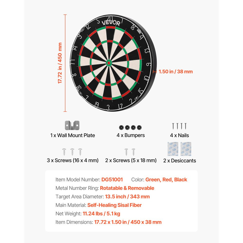 VEVOR Dart Board, High-Grade Self-Healing Sisal Fiber Dartboard with Staple-Free Bullseye, Blade Wire & Rotating Number Ring, 17.7" Professional Dartboard for Home Party Game Room (Darts Not Included)