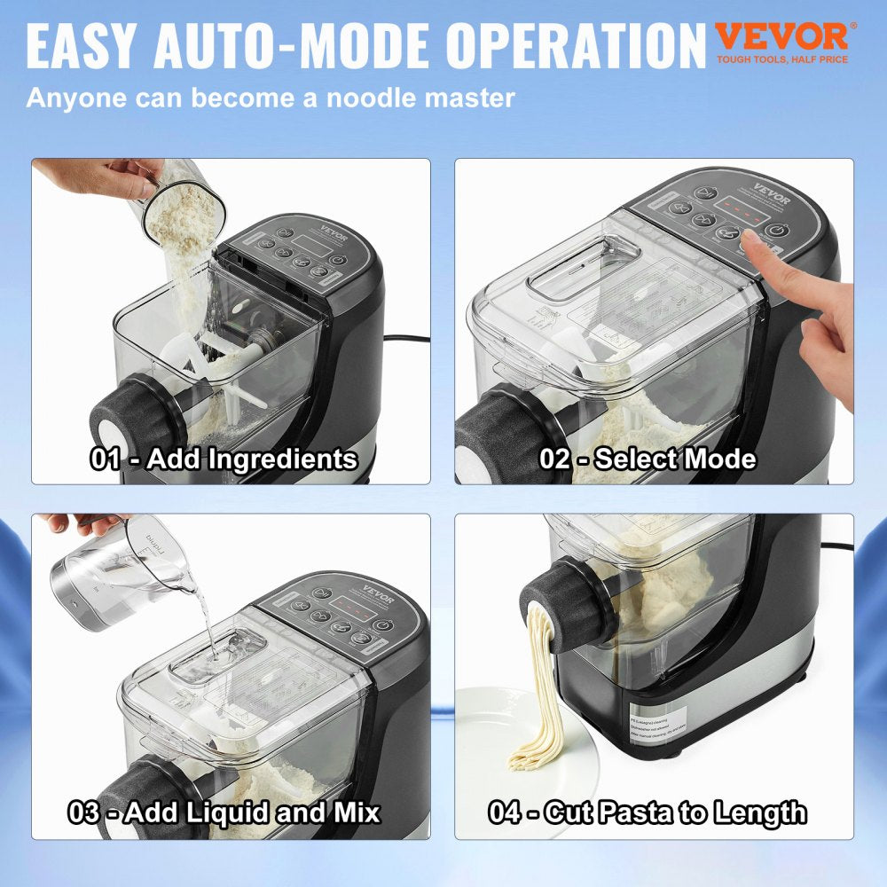 VEVOR Electric Pasta Maker, 150W Automatic Noodle Maker Machine with 8 Pasta Shapes, 4 Intelligent Modes, 500g Flour Capacity Pasta Maker Machine with Measuring Cups, Cleaning Brush for Home Kitchen