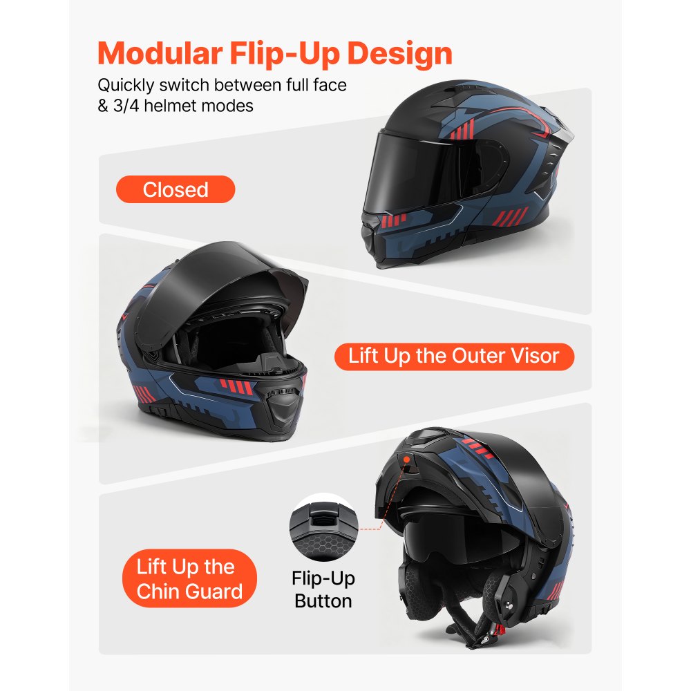 VEVOR Modular Motorcycle Helmet, Flip up Full Face Helmet with Dual Visor, Lightweight Comfortable Adult Motocross Street Bike Helmet for Men and Women - DOT & ECE Approved (L Size)