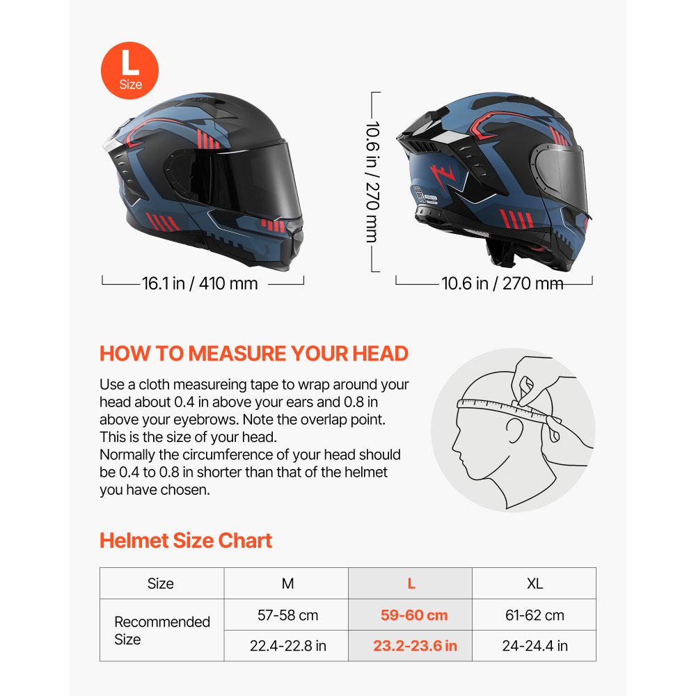 VEVOR Modular Motorcycle Helmet, Flip up Full Face Helmet with Dual Visor, Lightweight Comfortable Adult Motocross Street Bike Helmet for Men and Women - DOT & ECE Approved (L Size)