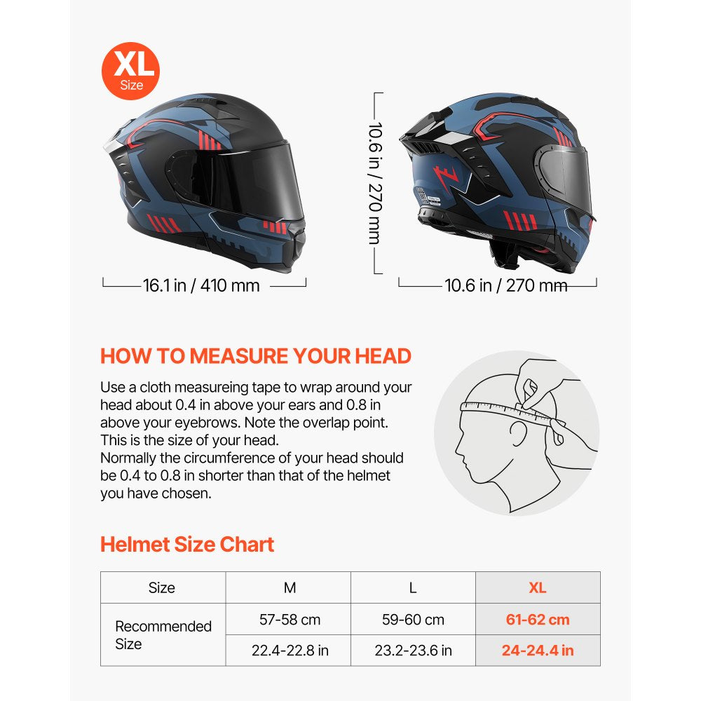 VEVOR Modular Motorcycle Helmet, Flip up Full Face Helmet with Dual Visor, Lightweight Comfortable Adult Motocross Street Bike Helmet for Men and Women - DOT & ECE Approved (XL Size)