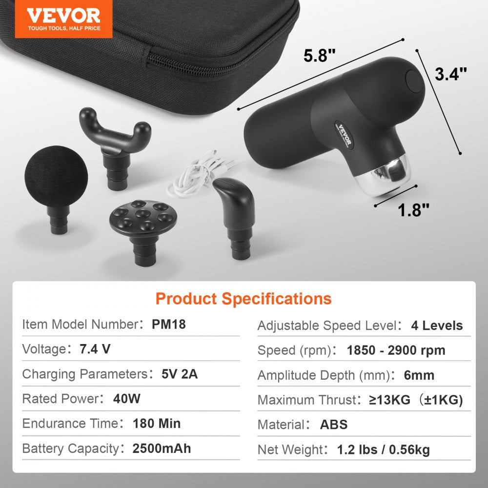 VEVOR Mini Massage Gun Deep Tissue, Percussion Muscle Massage Gun Portable for Athletes, Small Massage Gun Handheld for Pain Relief, Muscle Relaxation with 4 Speed Levels, 7.4V 2500mAh