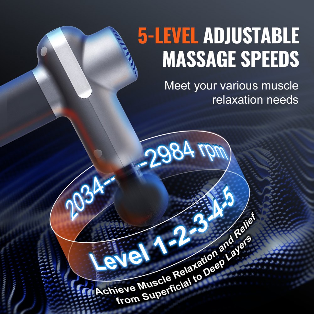 VEVOR Mini Massage Gun, Percussion Muscle Massage Gun for Athletes - with 5 Speed Levels & 6 Massage Heads, 7.4V 2500mAh Batteries, Handheld Small Massage Gun for Pain Relief, Muscle Relaxation
