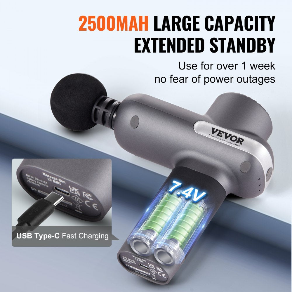 VEVOR Mini Massage Gun, Percussion Muscle Massage Gun for Athletes - with 5 Speed Levels & 6 Massage Heads, 7.4V 2500mAh Batteries, Handheld Small Massage Gun for Pain Relief, Muscle Relaxation