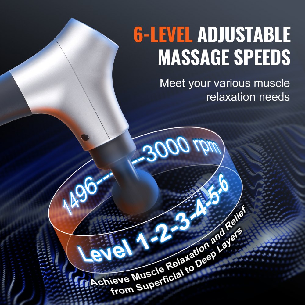 VEVOR Massage Gun Deep Tissue, Percussion Muscle Massage Gun for Athletes - with 6 Speed Levels & 4 Massage Heads, 12V 2500mAh Batteries, Handheld Mini Massage Gun for Pain Relief, Muscle Relaxation