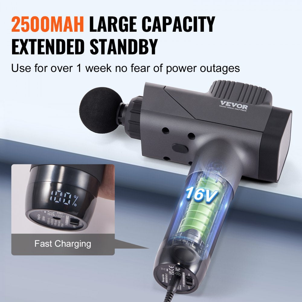 VEVOR Massage Gun Deep Tissue, Percussion Muscle Massager for Athletes - with 8 Speed Levels & 6 Massage Heads, 16V 2500mAh Batteries, Handheld Massage Gun for Pain Relief, Muscle Relaxation