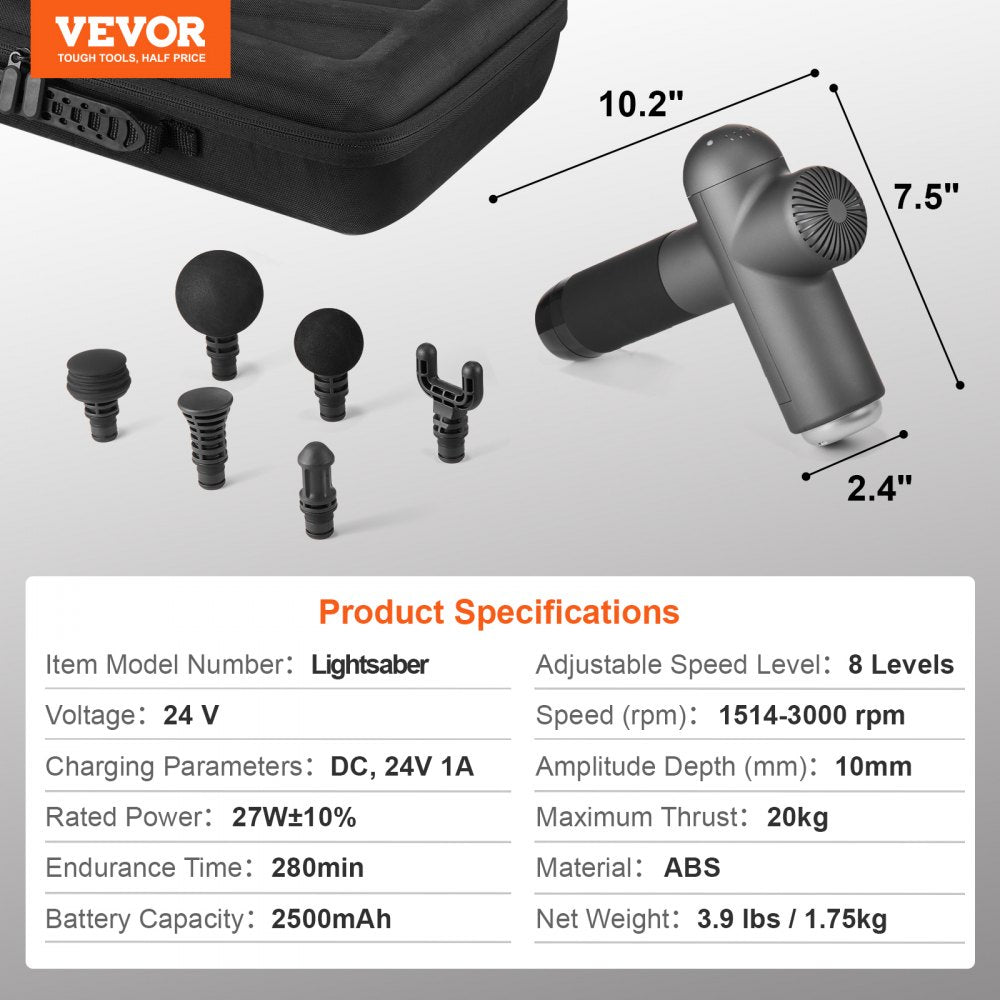 VEVOR Massage Gun Deep Tissue, Muscle Percussion Massage Gun for Athletes, Handheld Massage Gun for Pain Relief, Muscle Relaxation - with 8 Speed Levels & 6 Massage Heads, 24V 2500mAh