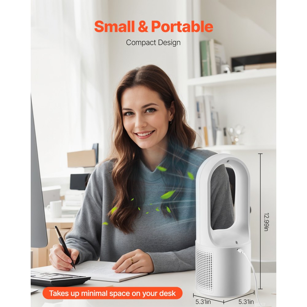 VEVOR Desk Fan Bladeless, 12.99 Inch Kids-Friendly Personal Portable Desk Fan, 6-Speed USB Quiet Cooling Small Tower Fan with Button Control, Blows Cold Air for Office, Home (Plug to Use, No Battery)