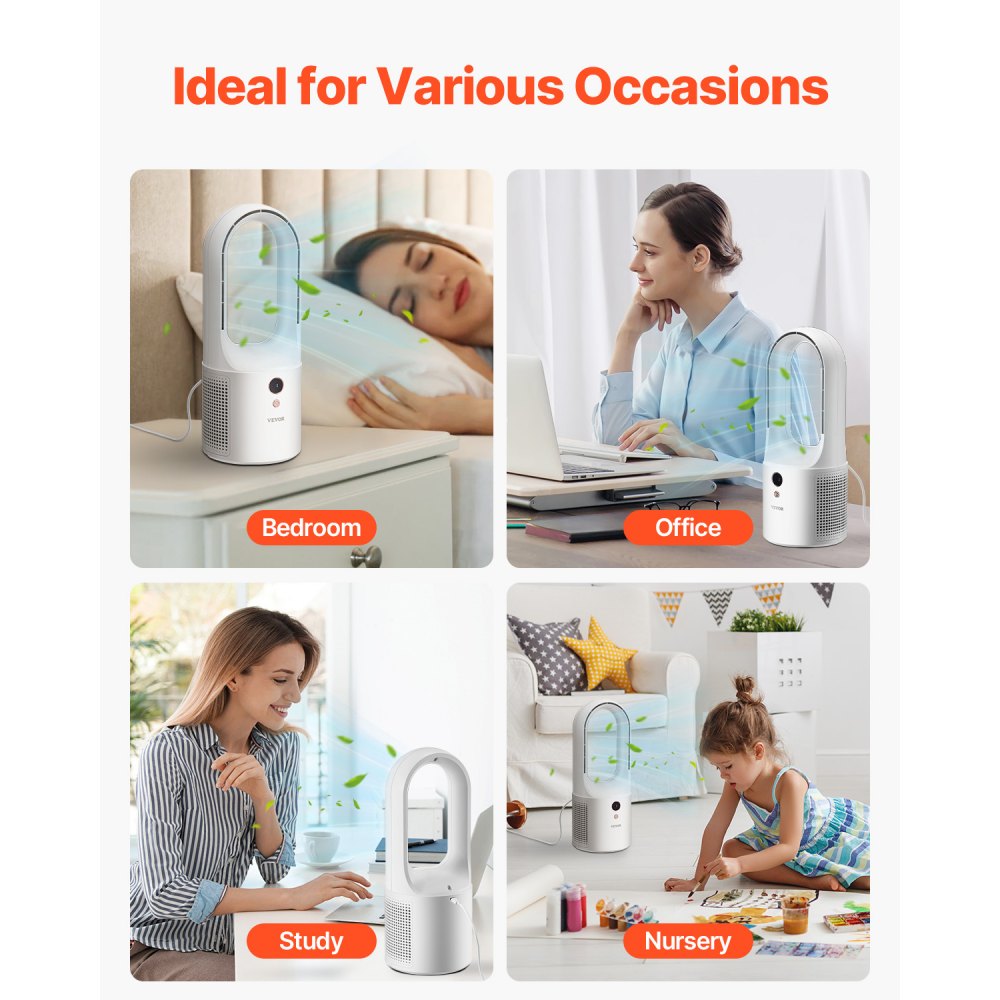 VEVOR Desk Fan Bladeless, 12.99 Inch Kids-Friendly Personal Portable Desk Fan, 6-Speed USB Quiet Cooling Small Tower Fan with Button Control, Blows Cold Air for Office, Home (Plug to Use, No Battery)