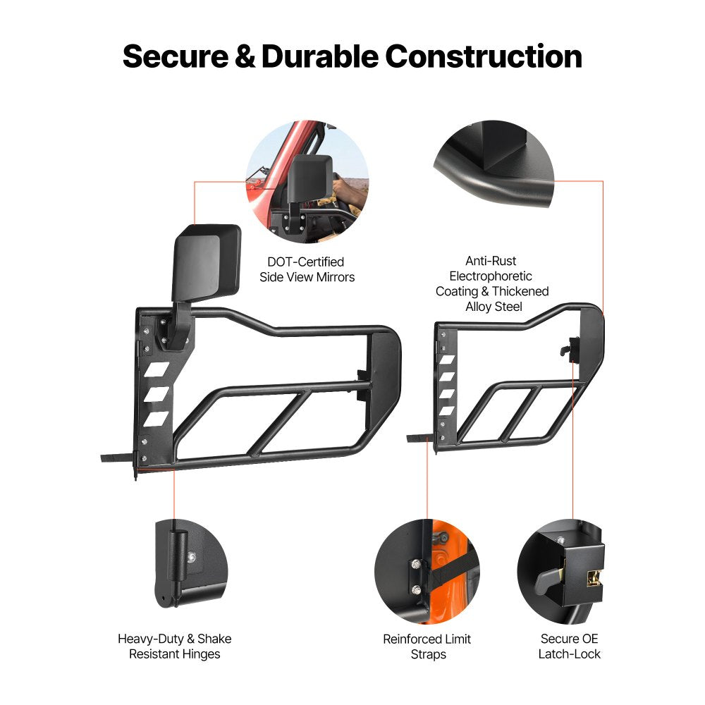 VEVOR Jeep Tube Doors, 4-Door, Compatible with 2018-2026 Jeep Wrangler JL & 2020-2026 Gladiator JT, Steel Off Road Front & Rear Tubular Half Doors with DOT Certified Side View Mirrors and Rubber Pads