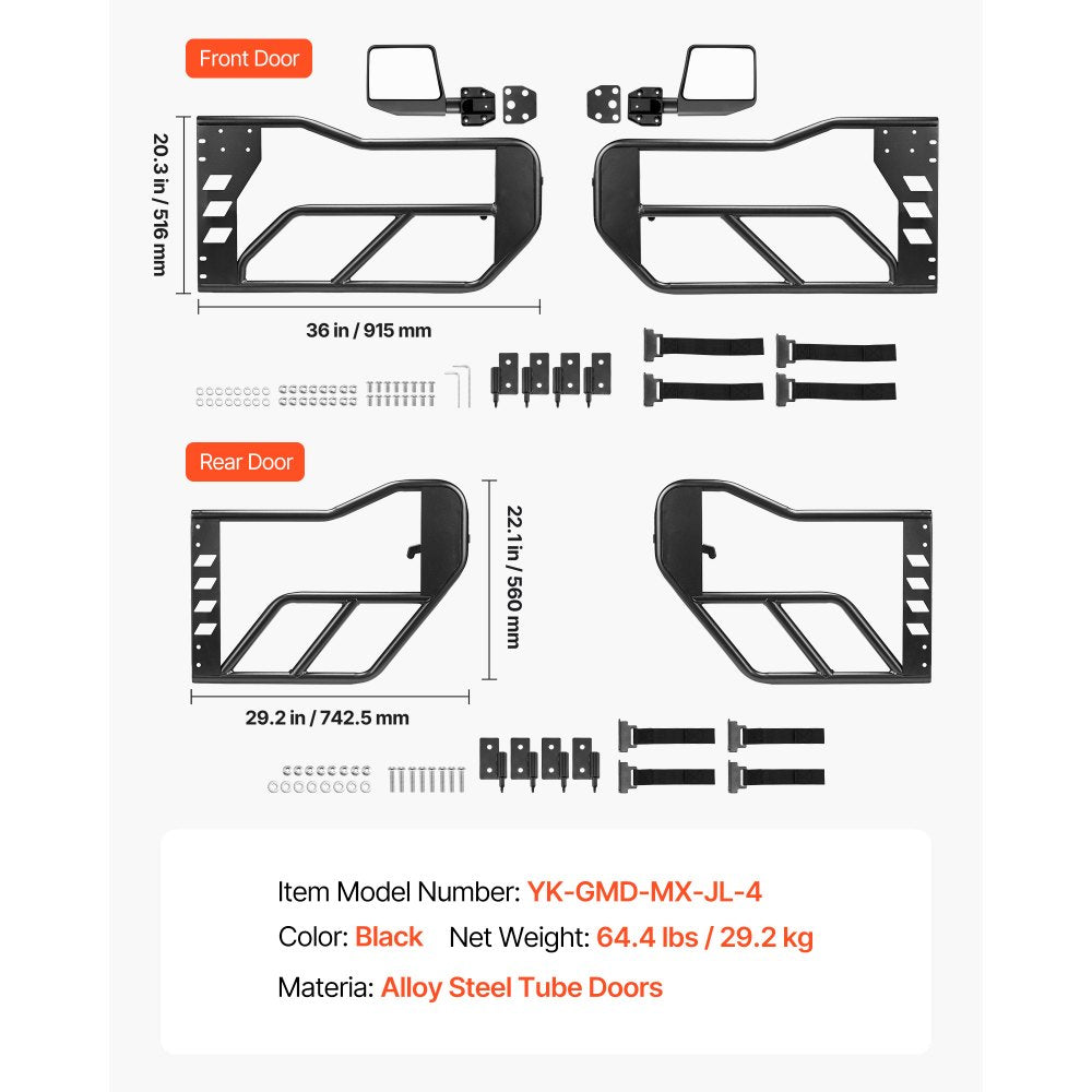 VEVOR Jeep Tube Doors, 4-Door, Compatible with 2018-2026 Jeep Wrangler JL & 2020-2026 Gladiator JT, Steel Off Road Front & Rear Tubular Half Doors with DOT Certified Side View Mirrors and Rubber Pads