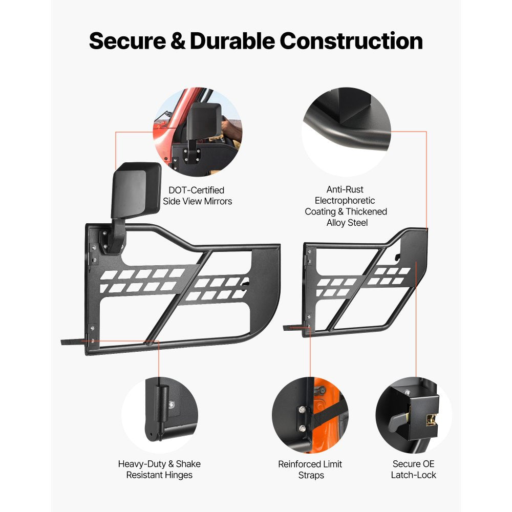VEVOR Jeep Tube Doors, 4-Door, Compatible with 2007-2018 Jeep Wrangler JK JKU Unlimited, Steel Off Road Front & Rear Tubular Half Doors with DOT Certified Side View Mirrors, Storage Bag & Rubber Pads