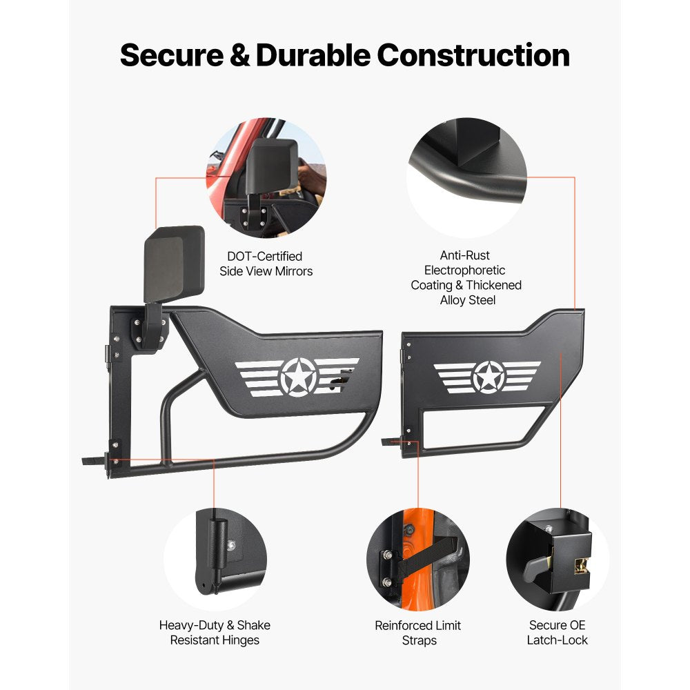 VEVOR Jeep Tube Doors, 4-Door, Compatible with 2018-2026 Jeep Wrangler JL JLU & Gladiator JT 4XE, Steel Off Road Front & Rear Tubular Half Doors with DOT Certified Side View Mirrors