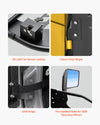 OE latch, heavy-duty hinges, limit straps, pre-installed mirror holes - feature collage