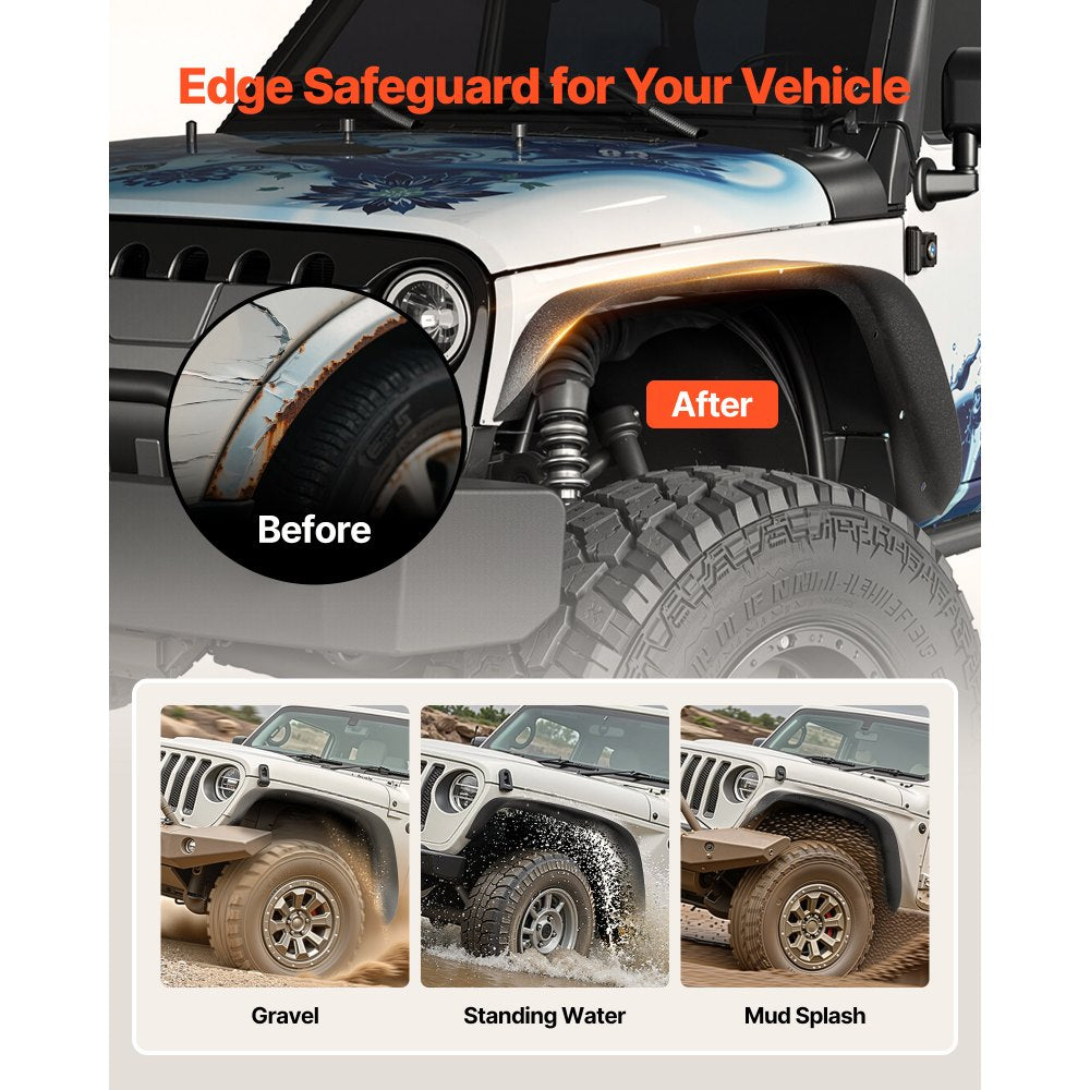 VEVOR Fender Flare, Front & Rear Fender Flares Compatible with 2007-2018 Jeeps JK/JKU 2/4 Doors, Fine-Textured Black Paintable Off-Road Steel Liner Set, Fenders for Jeep JK, Rust-Resistant Coating