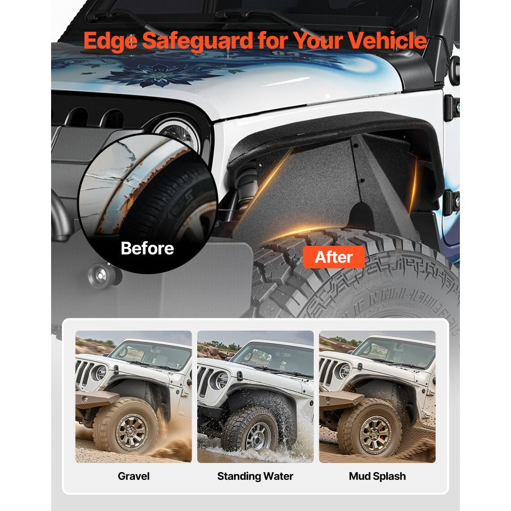 VEVOR Inner Fender Liner, Front & Rear Fender Liner Compatible with 2007-2018 Jeeps JK/JKU 2/4 Doors, Steel Mud Guards Bolt-on Style Fenders Flare, Wheel Well Cover Fenders Flare Liners, Black