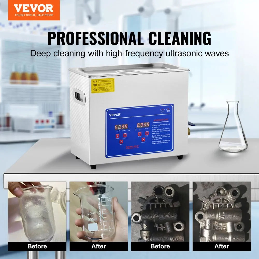 Sonic Cleaner with Digital Timer & Heater, Professional Ultra Sonic Jewelry Cleaner, Stainless Steel Heated Cleaning Machine for Glasses Watch Rings Small Parts Circuit Board (6L)