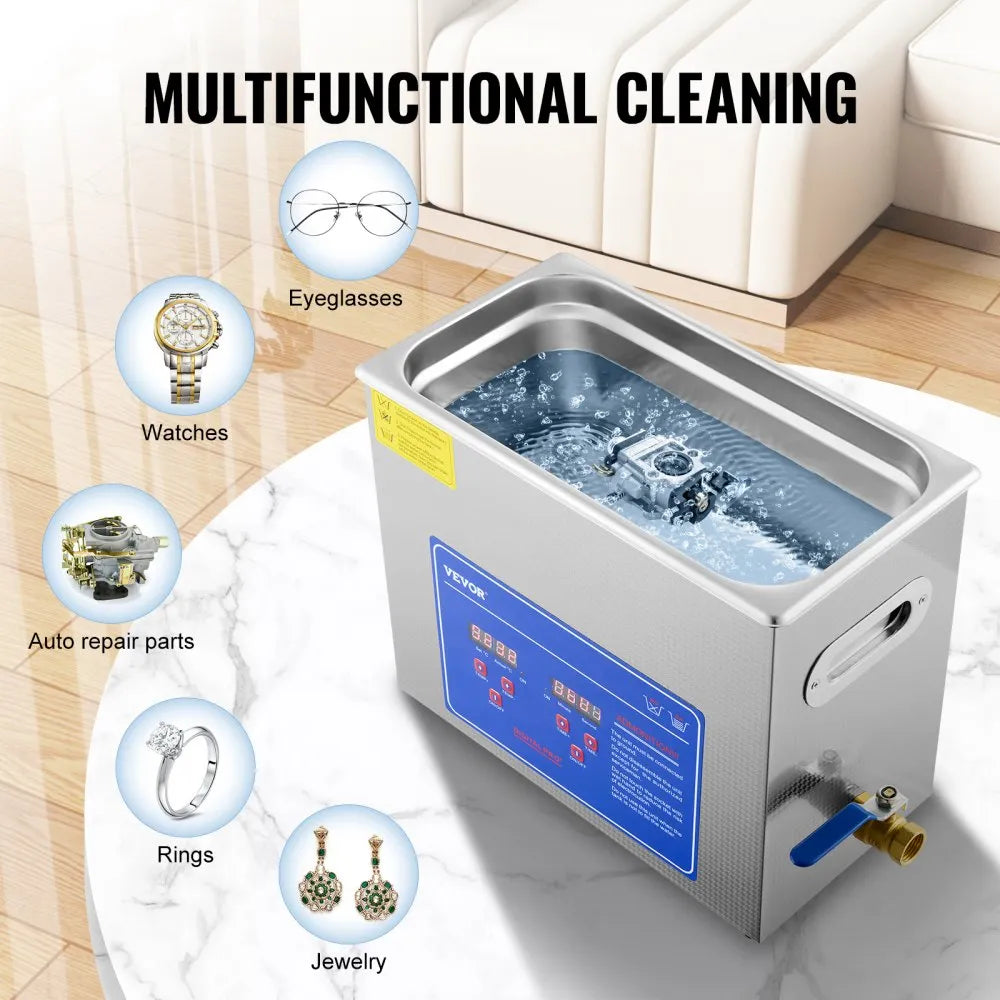 Sonic Cleaner with Digital Timer & Heater, Professional Ultra Sonic Jewelry Cleaner, Stainless Steel Heated Cleaning Machine for Glasses Watch Rings Small Parts Circuit Board (6L)