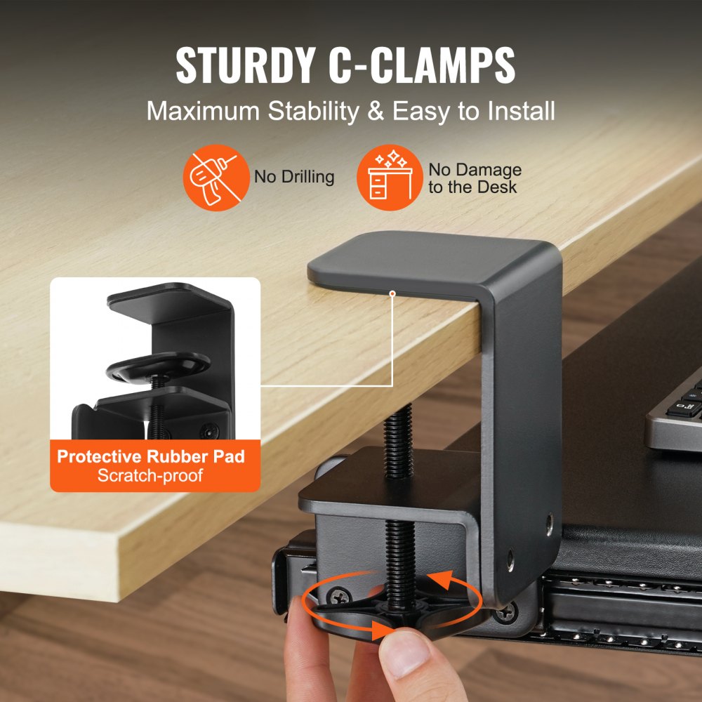 VEVOR Clamp on Keyboard Tray Under Desk, Desk Keyboard Tray Slide out with Sturdy No-drill C Clamp Mount, Large 26.8 x 11 inch Slide-out Computer Drawer for Typing in Home, Office Work