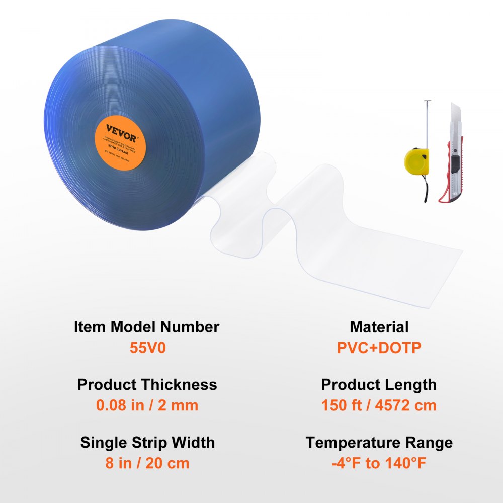 VEVOR Strip Curtain, 150' Length, 8" Width, 0.08" Thickness, Clear Smooth Plastic Door Strips, PVC Curtain Strip Door Bulk Roll for Warehouses, Factories, Supermarkets, Shopping Malls, Halls, Garages