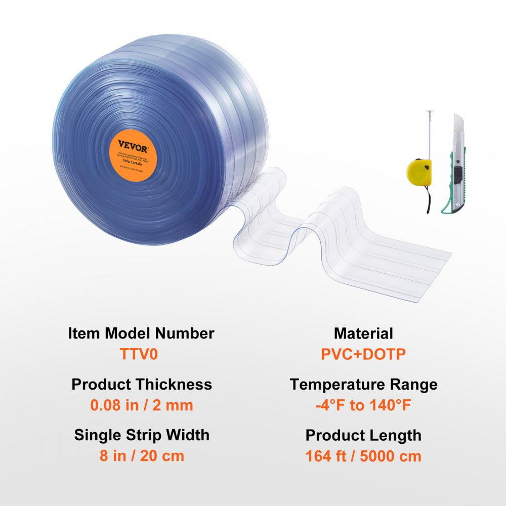 VEVOR Strip Curtain, 164' Length, 8" Width, 0.08" Thickness, Clear Ribbed Plastic Door Strips, PVC Curtain Strip Door Bulk Roll for Warehouses, Factories, Supermarkets, Shopping Malls, Halls, Garages