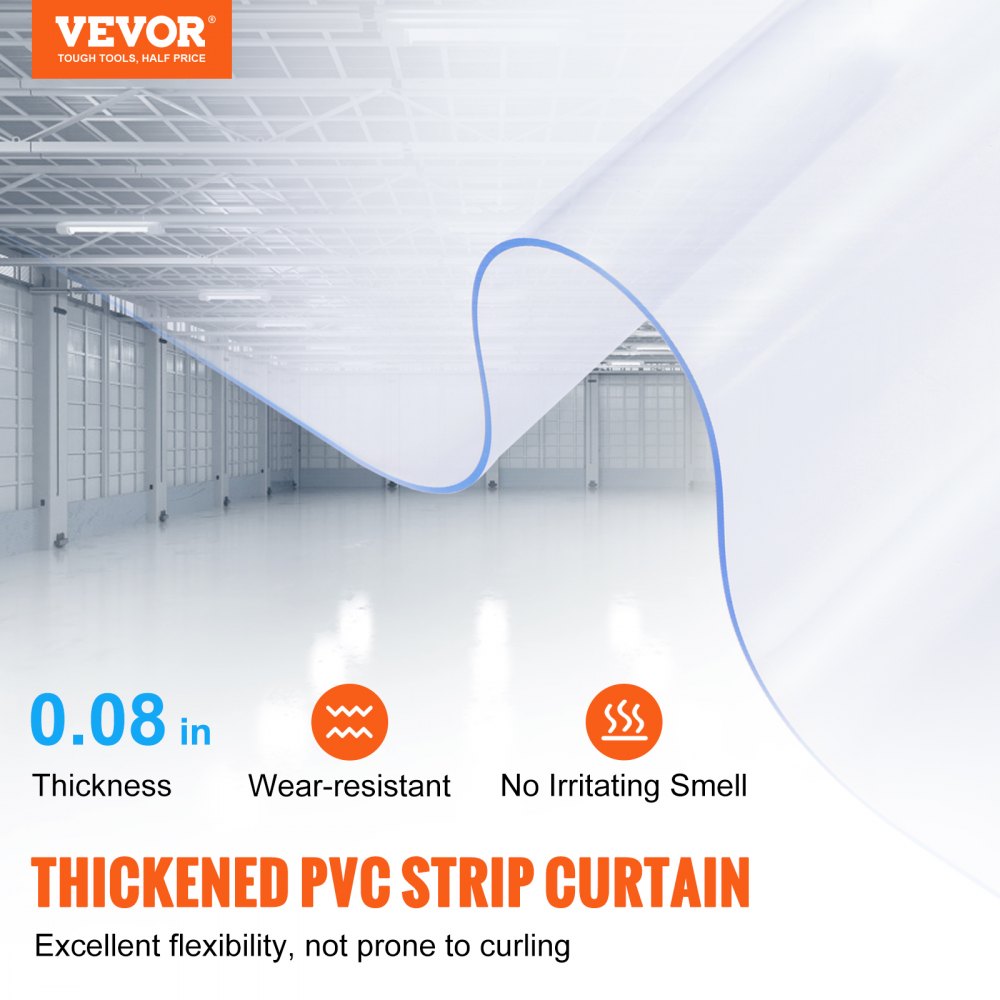 VEVOR Strip Curtain, 164' Length x 8" Width x 0.08" Thickness, Clear PVC Smooth Curtain Strip Door Bulk Roll, Plastic Door Strips for Doorways of Supermarket, Garage, Warehouse, Barn, Pet Animal House