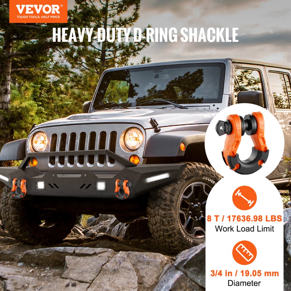 VEVOR 3/4" D-Ring Shackle, 2 Pack Alloy Steel Shackles 66139 lbs (30 Ton) Break Strength with 7/8" Screw Pin, Isolators & Washers, Heavy Duty Off Road Vehicle Recovery Shackle for Jeep Truck, Orange