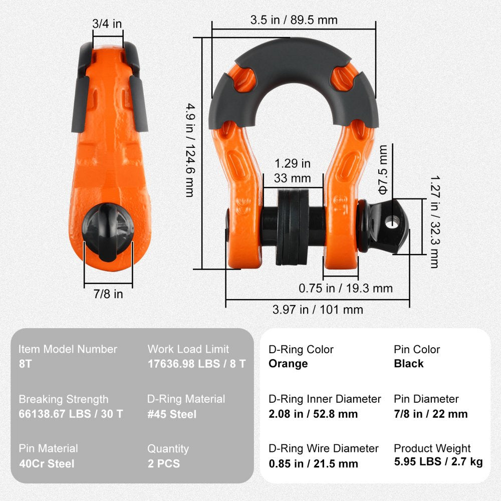 VEVOR 3/4" D-Ring Shackle, 2 Pack Alloy Steel Shackles 66139 lbs (30 Ton) Break Strength with 7/8" Screw Pin, Isolators & Washers, Heavy Duty Off Road Vehicle Recovery Shackle for Jeep Truck, Orange