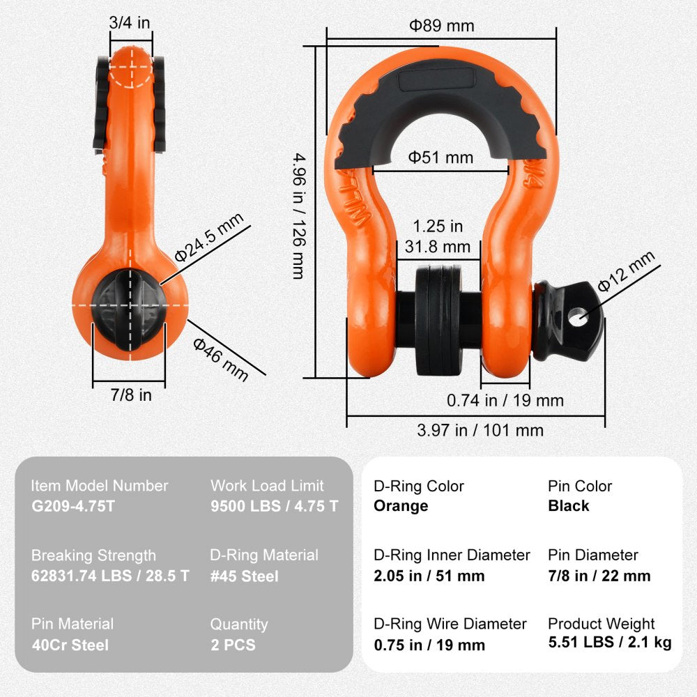 VEVOR 3/4" D-Ring Shackle, 2 Pack Alloy Steel Shackles 62832 lbs (28.5 Ton) Break Strength with 7/8" Screw Pin, Isolators & Washers, Heavy Duty Off Road Vehicle Recovery Shackle for Jeep Truck, Orange