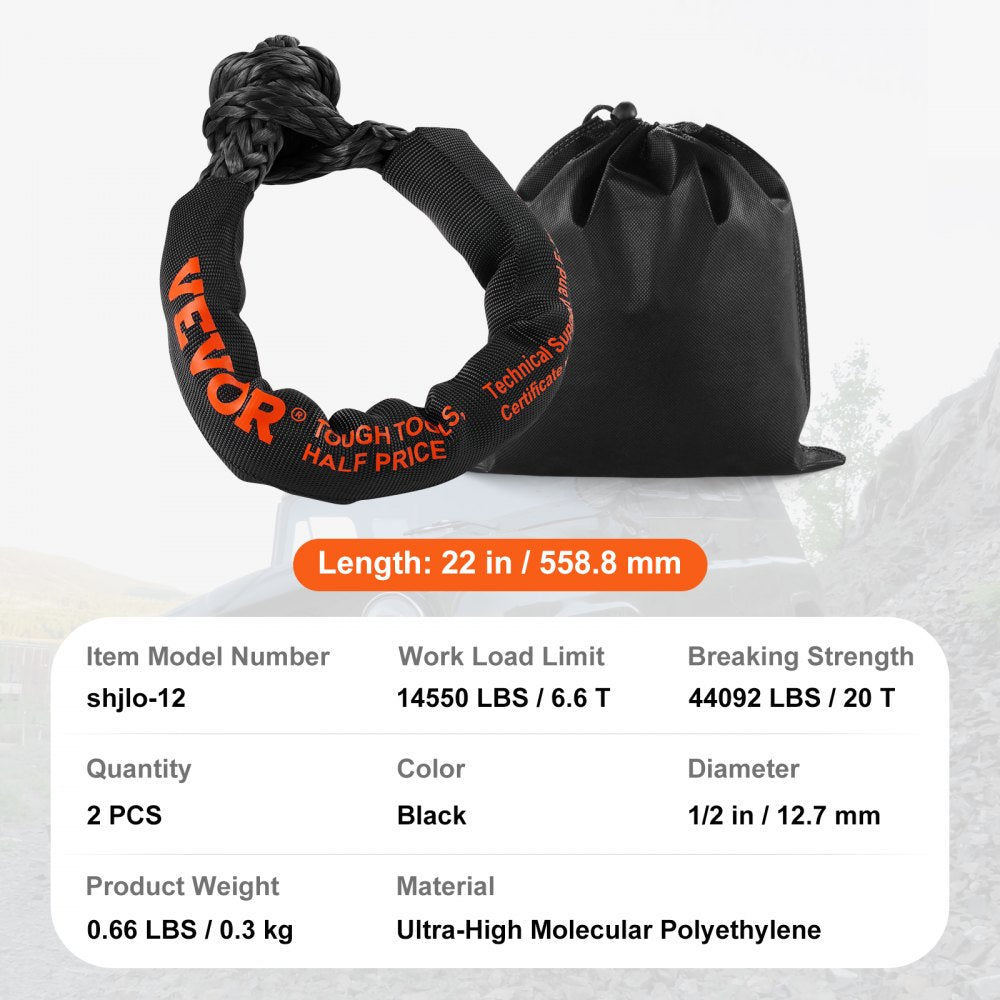 VEVOR Synthetic Soft Shackle, 1/2" x 22" (2 Pack) 44092 lbs (20 Ton) Breaking Strength Recovery Tow Shackles with Extra 2 Sleeves & Storage Bag for UTV, ATV, Trucks, Jeep, Off-Road Vehicles, Black