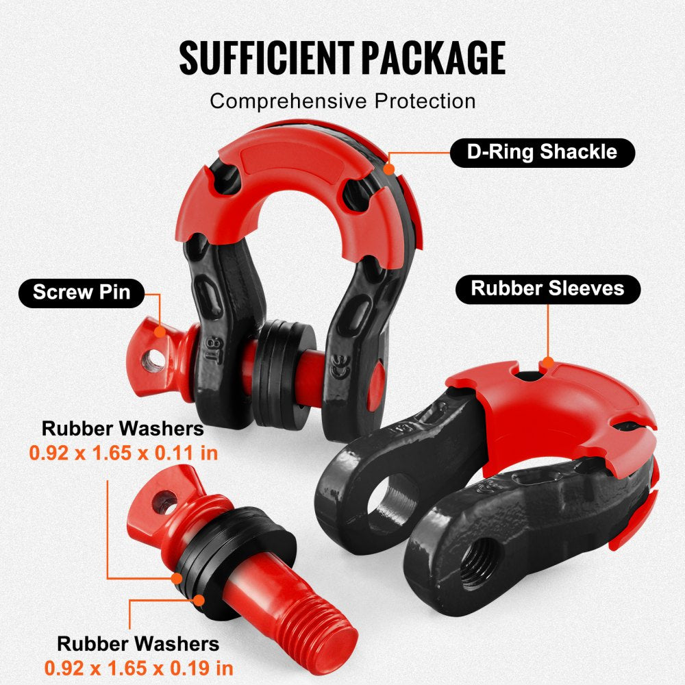 VEVOR 3/4" D-Ring Shackle, 2 Pack Alloy Steel Shackles 66139 lbs (30 Ton) Break Strength with 7/8" Screw Pin, Isolators & Washers, Heavy Duty Off Road Vehicle Recovery Shackle for Jeep Truck, Black